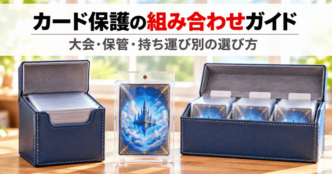 デッキケース・マグネットローダー・ストレージを並べた、カード保護の組み合わせガイドのサムネイル画像
