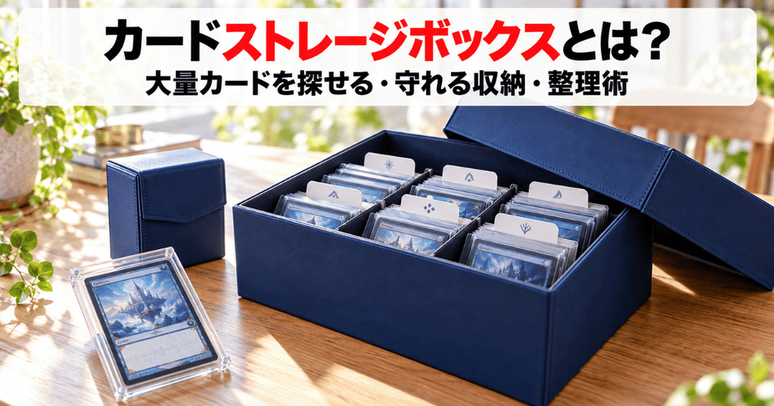 仕切りで区切られたストレージボックスに、カードがきれいに並んで収まった、木目のテーブルのサムネイル画像