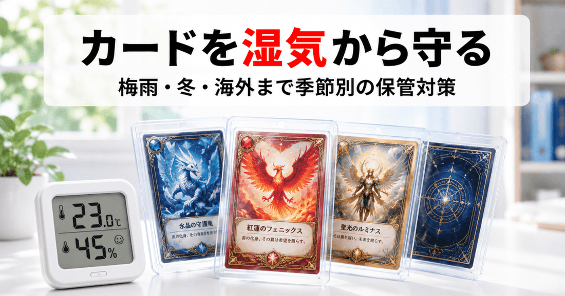 透明なローダーに入った架空のカードと温湿度計を並べ、季節ごとの湿気・乾燥からカードを守る保管対策を解説する記事のサムネイル画像