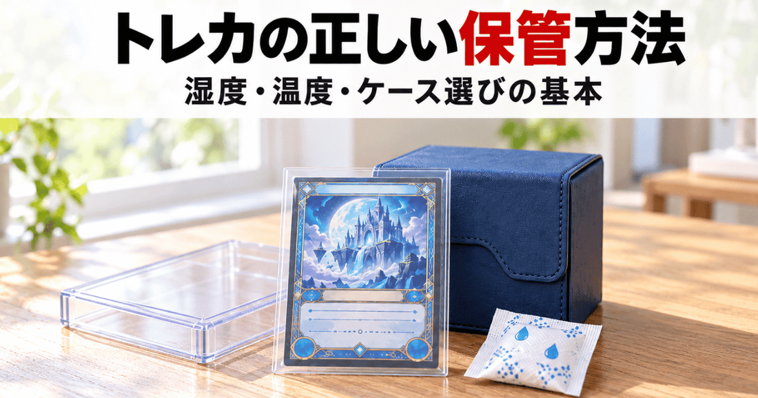 トレカの正しい保管方法を表す、ローダーに入ったカードとデッキケース、シリカゲルが並ぶ木目のテーブル、サムネイル画像