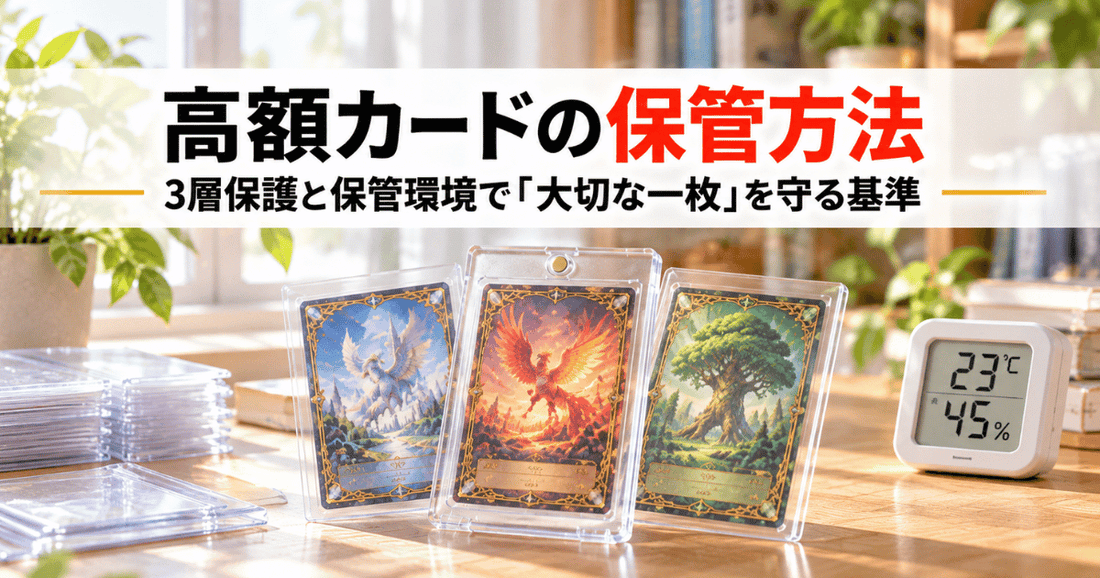 高額カードをスリーブ・ローダー・保管環境の3層保護で守る方法を示した、マグネットローダー入りカードと温湿度計のサムネイル画像。