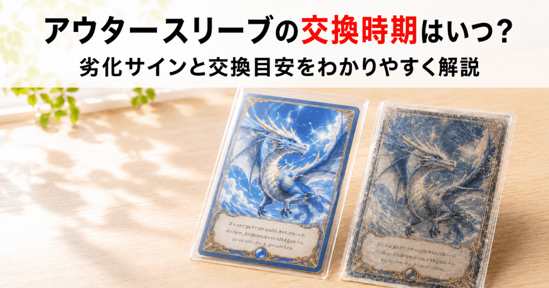 新品と傷ついたアウタースリーブに入った龍イラストのカードを並べた、スリーブ交換時期の比較イメージ