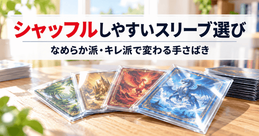 シャッフルしやすいカードスリーブの選び方を、なめらか派・キレ派の手さばきに合わせて紹介するサムネイル画像。